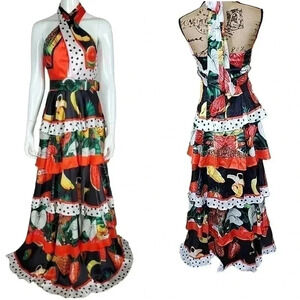 Beautiful Multiprint Fruit and tiger tiered ruffled maxi dress.